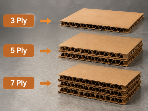 3-ply, 5-ply, and 7-ply corrugated board structures produced by double facer
