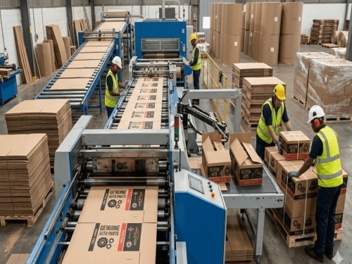 Corrugated carton manufacturing production line with cardboard boxes