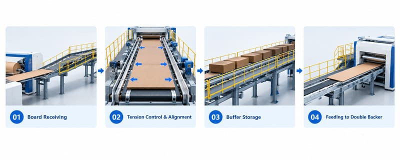 Four-stage corrugator bridge process from board receiving to feeding the double backer.