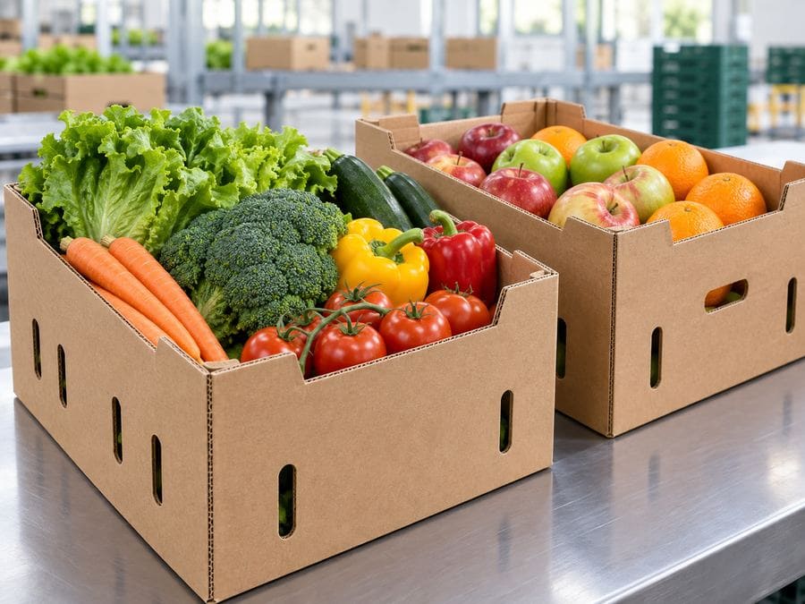 Food packaging boxes made from 3-ply corrugated board.