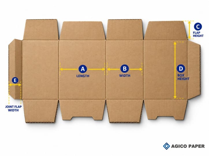 Single-piece corrugated box dimension diagram for AGICO stitcher specifications