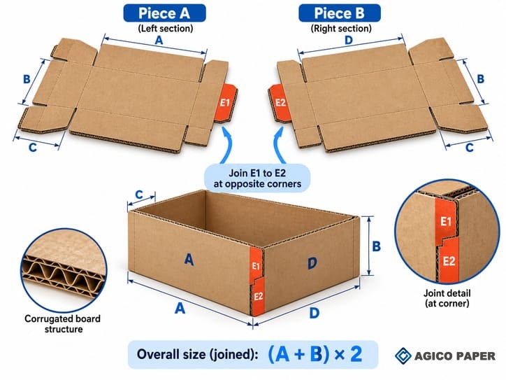 Two-piece spliced corrugated box dimension diagram for twin head stitcher